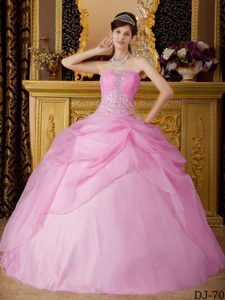 Strapless Beaded Organza Quinceanera Gowns in Baby Pink on Promotion