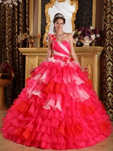 Custom Made Red One Shoulder Quinceanera Gown Dress with Beading