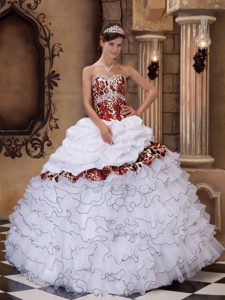 White and Leopard Organza Cheap Quinceanera Dresses with Sweetheart