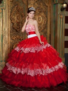 Elegant Red Organza and Zebra Strapless Dress for Quince with Ruffles
