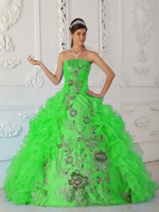 Lovely Beaded Strapless Spring Green Quinces Dresses with Embroidery