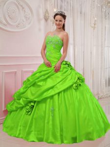 Sweetheart Taffeta Appliqued Cheap Dresses for Quince in Spring Green