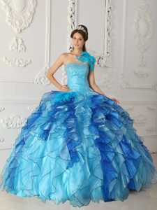 Pretty Strapless Beaded Satin and Organza Quince Dresses in Aqua Blue
