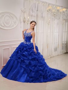 Royal Blue Perfect Beaded Spaghetti Straps Quince Dress with Court Train