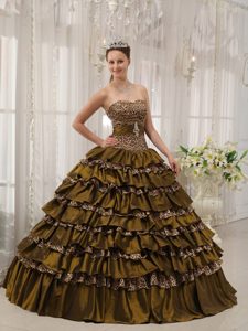 Brown Taffeta and Zebra Sweetheart Quince Gowns with Ruffles on Sale