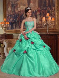 Strapless Taffeta Beaded Quince Dress in Apple Green for Wholesale Price