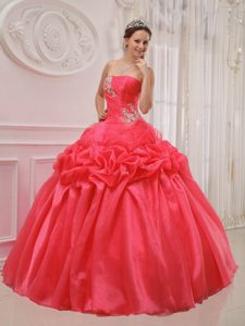 Red Organza and Taffeta Cheap Strapless Quinceanra Dress with Ruching