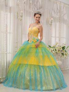 Sexy Strapless Tulle Beading Quinceanera Gown Dress in Yellow and Blue