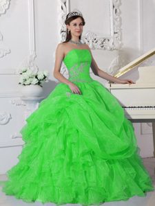 Most Popular Green Organza Beading Strapless Dresses for Quinceaneras