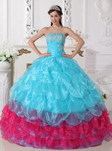 Simple Strapless Organza Quinceanera Dresses in Aqua Blue and Hot Pink