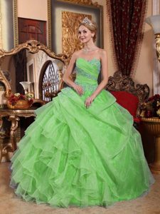 Impressive Spring Green Sweetheart Organza Quinces Dresses with Ruche