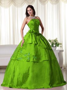 Green Modern Strapless Taffeta Quinces Dresses with Handmade Flowers