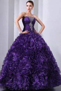 Exquisite Strapless Beading Purple Quinceanera Dress with Flowers