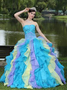 Traditional Colorful Quinceanera Gowns with Ruffled Layers and Appliques