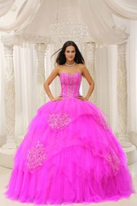Iconic Fuchsia Sweetheart Embroidery Lace-up Quinceanera Gown in Tulle