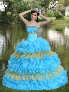 Wanted Beaded Organza Dress for Quinceaneras in Aqua Blue and Yellow