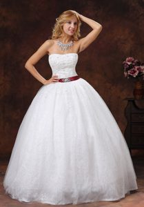 Strapless Ball Gown Organza Wedding Dress with Appliques and Burgundy Sash
