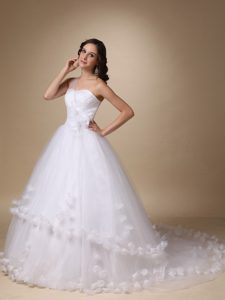 One Shoulder Court Train Ruched Wedding Dresses with Flowers