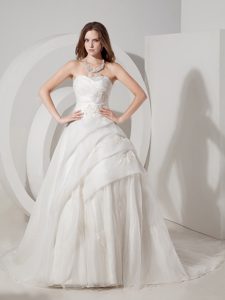 Most Recent Strapless Court Train Layered Tulle Wedding Dresses with Appliques