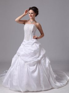 Righteous Taffeta Strapless Court Train Wedding Dress with Beading and Pick-ups