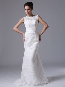 Bateau Mermaid Lace Dress for Garden Wedding with Sash for Cheap