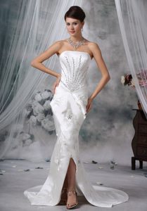 Perfect Mermaid Strapless Satin Wedding Dress with Beading and Slit