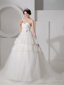 Sweetheart Court Train Layered Lace and Tulle Beaded Wedding Dresses with Bow