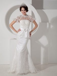 High-neck Short Sleeves Lace Wedding Dress with Sash and Bowknot