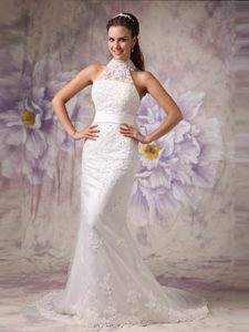 Latest High-neck Sleeves Mermaid Lace Wedding Dress with Beading