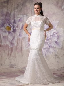 High-neck Half Sleeves Mermaid Lace Wedding Dresses with Beading