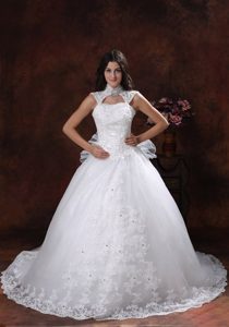 High-neck Chapel Train Lace Ball Gown Wedding Dress with Flower and Cutouts