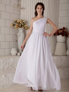 One Shoulder Long Ruched White Chiffon Wedding Dress with Appliques