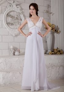 V-neck Straps White Chiffon and Lace Dresses for Summer Wedding