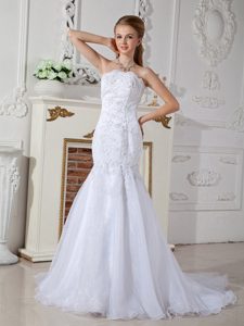 Top Seller Mermaid Strapless Court Train Organza Wedding Dress with Appliques