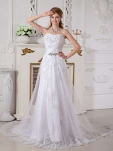 Brand New Style White Strapless Court Train Lace Wedding Dresses with Beading
