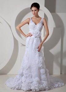 Pretty V-neck Straps Court Train Tulle Wedding Dress with Appliques and Flowers