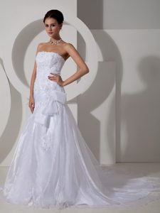 Chic Strapless Court Train Organza Wedding Dresses with Appliques and Half Bow