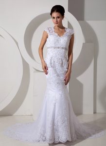 Straps Court Train White Mermaid Lace Dresses for Church Wedding with Beading