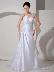 Straps Shell Neckline Ruched Taffeta Wedding Dresses with Appliques