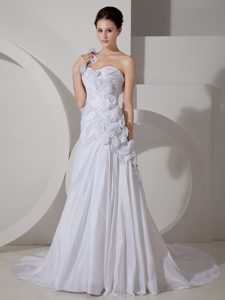 One Shoulder Ruched Taffeta Wedding Dress with Beading and Flower