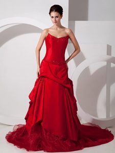 Best Wine Red Sweetheart Court Train Wedding Dress with Beading and Pick-ups