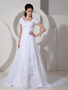 Square Short Sleeves Court Train Organza Wedding Dress with Beading for Less