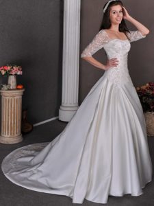 Square Half Sleeves Court Train Taffeta Wedding Dress with Appliques for Cheap