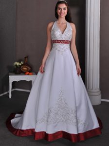 V-neck Halter White and Burgundy Taffeta Court Train Appliqued Wedding Dress