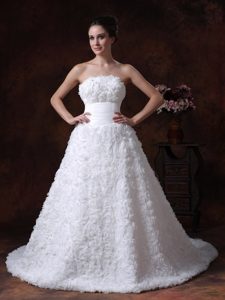 Strapless Court Train White Floral Embossed Dress for Church Wedding for Less