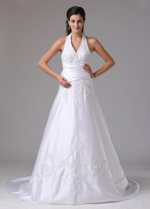 Custom Made Halter Wedding Dress With Embroidery and Ruching