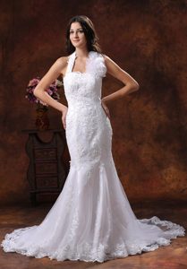 Elegant Mermaid Square Halter Wedding Dress with Lace Over Decorate Shirt