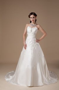 Ivory Strapless Court Train Satin Wedding Dress with Appliques