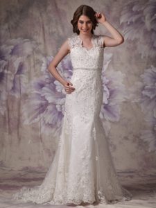 Affordable Mermaid Wide Straps Court Train Lace Beaded Wedding Dress