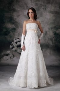 Perfect Strapless Court Train Wedding Dress with Lace and Bowknot